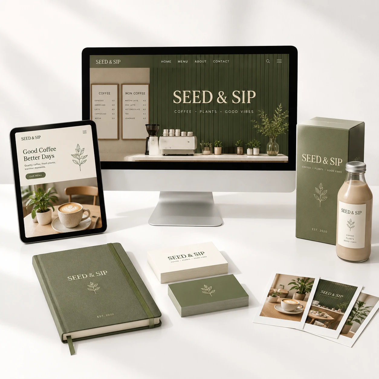 هویت بصری هماهنگ برند SEED & SIP روی وبسایت، تبلت، بستهبندی و اقلام چاپی با زمینه روشن